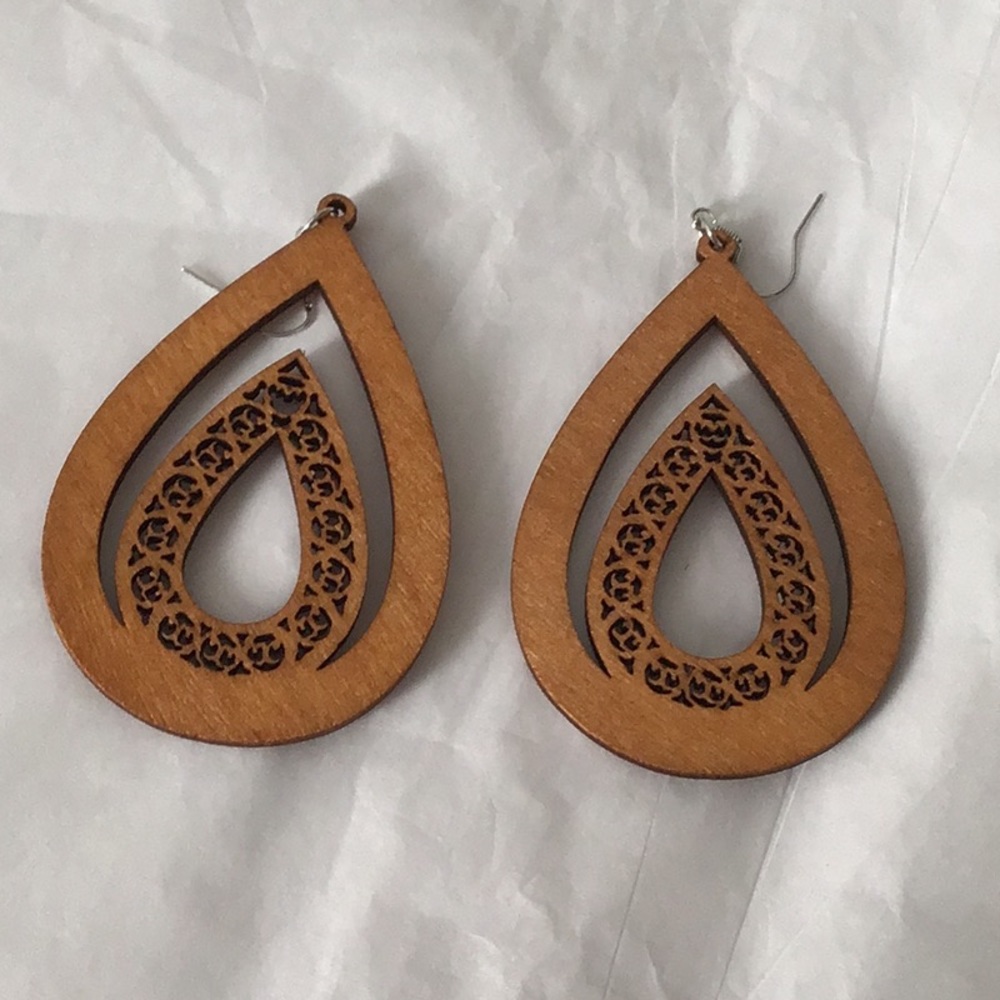 Hand carved, wooden pierced earrings